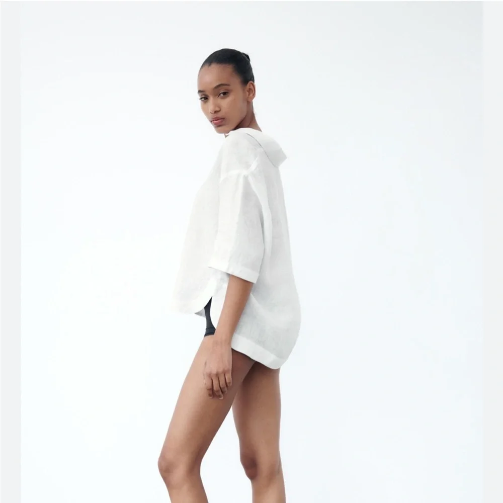 NWT ZARA WHITE LINEN CROPPED SHIRT - Picture 4 of 9